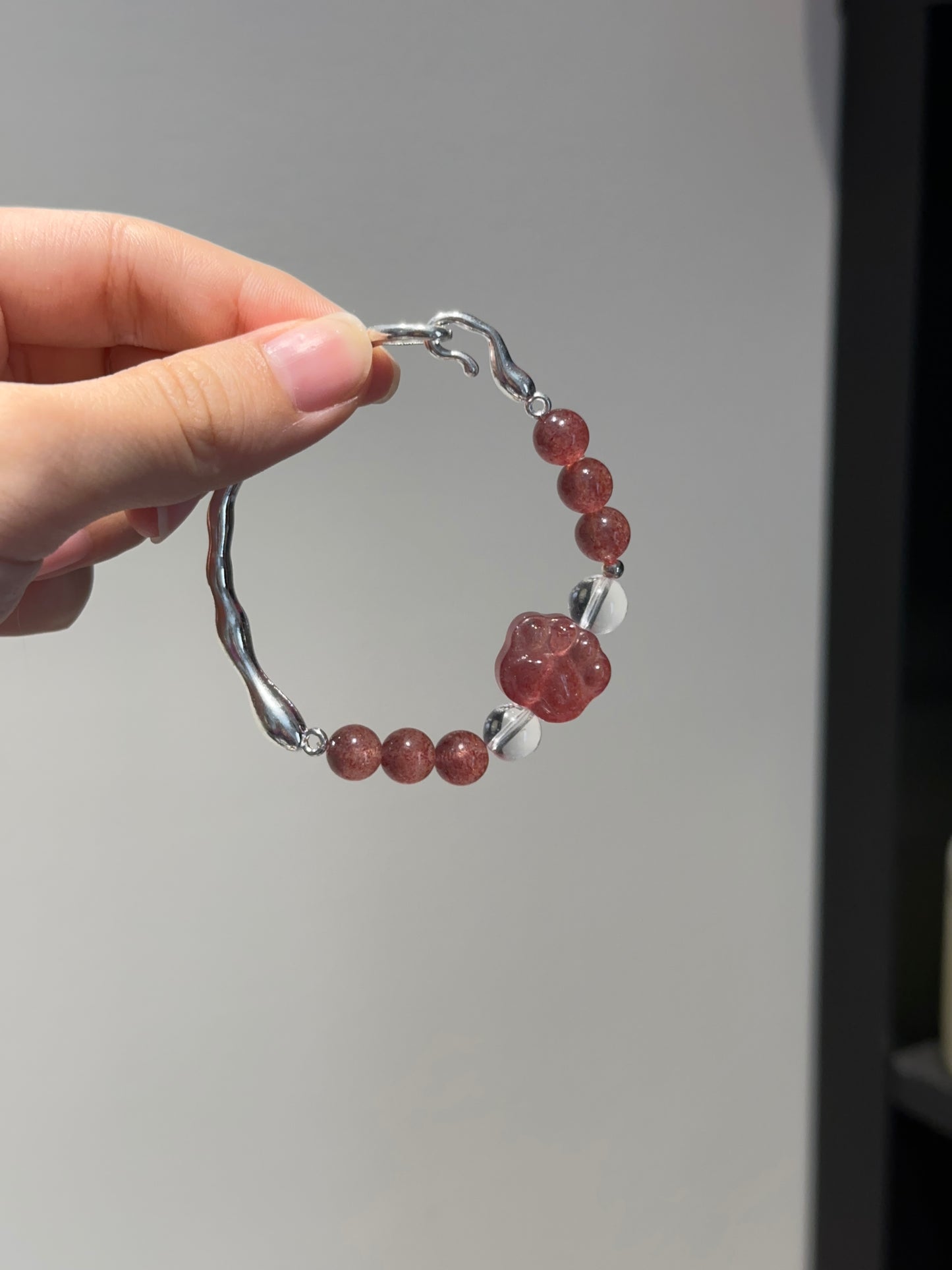 Exploring paw strawberry quartz half bangle crystal bracelet