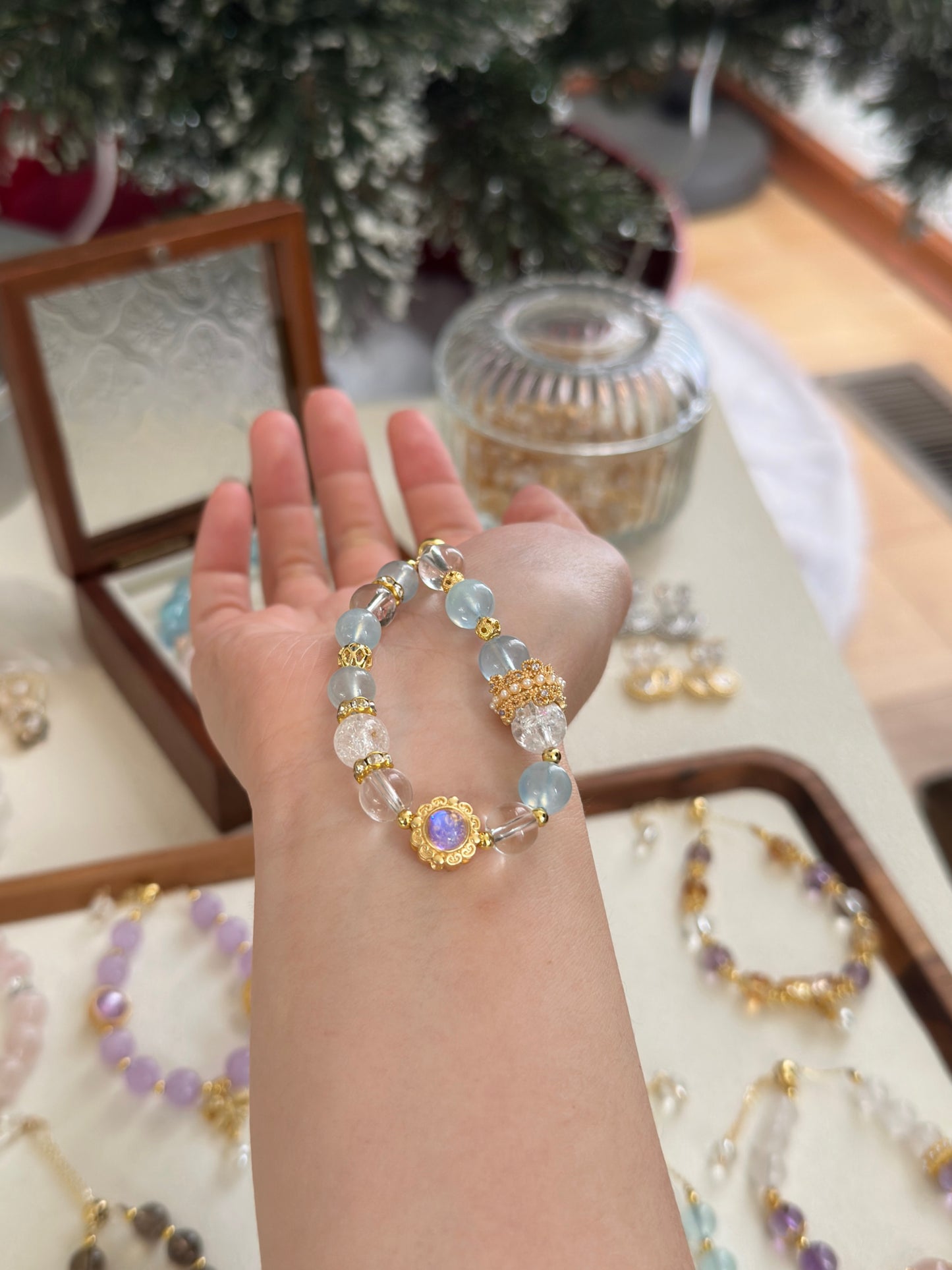 Aquarius aquamarine clear quartz adjustable bracelet