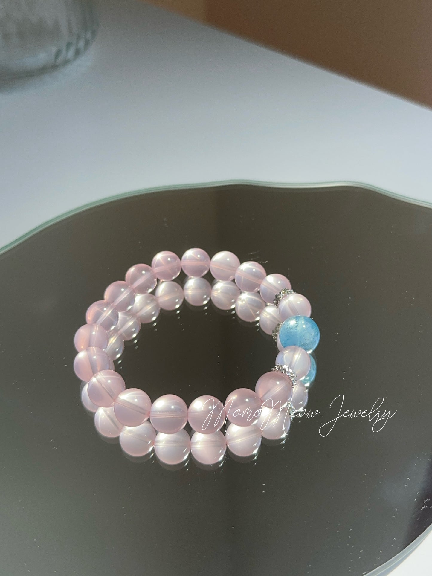 Pink bubbles bracelet - pink quartz and aquamarine crystal bracelet