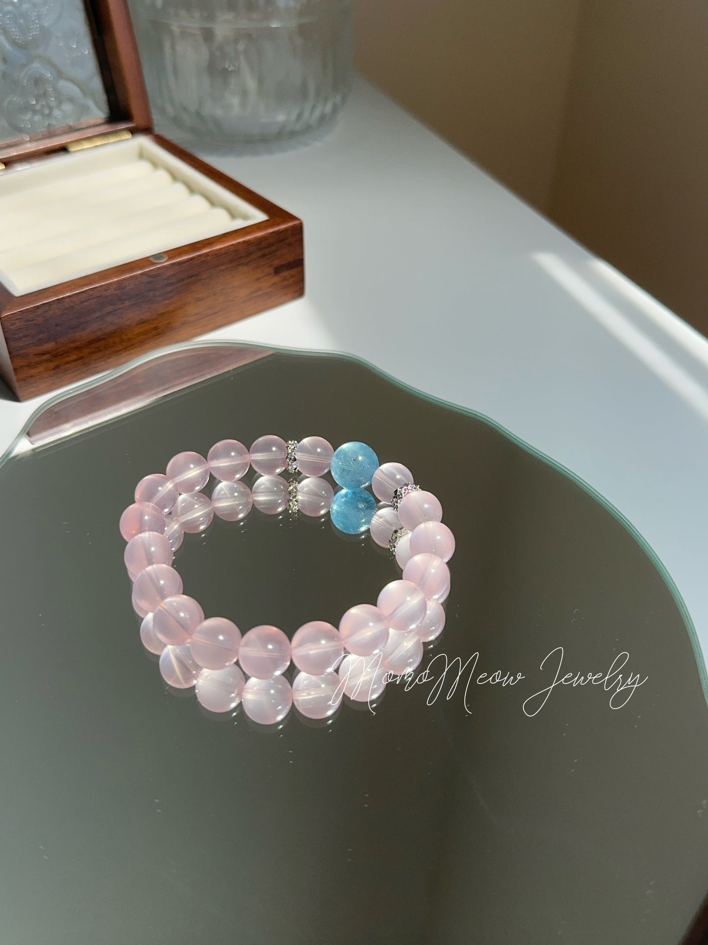 Pink bubbles bracelet - pink quartz and aquamarine crystal bracelet