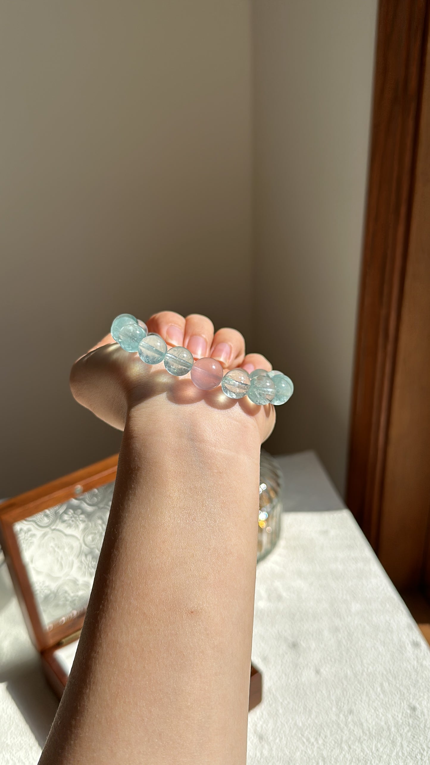 Minty pink aquamarine bead bracelet