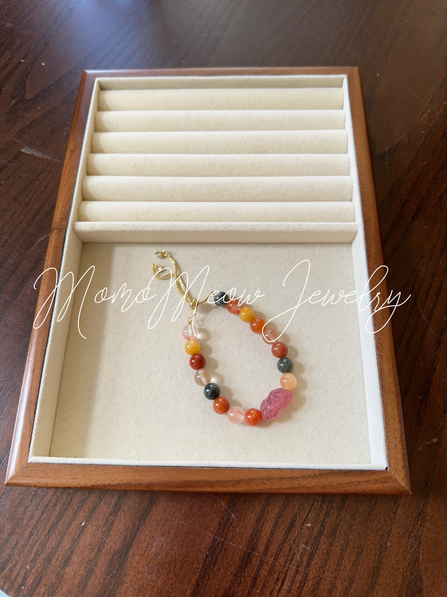 Fu Lu Shou Colour Rutilated Crystal Quartz with strawberry quartz Pixiu, adjustable bracelet 福禄寿可调节手链