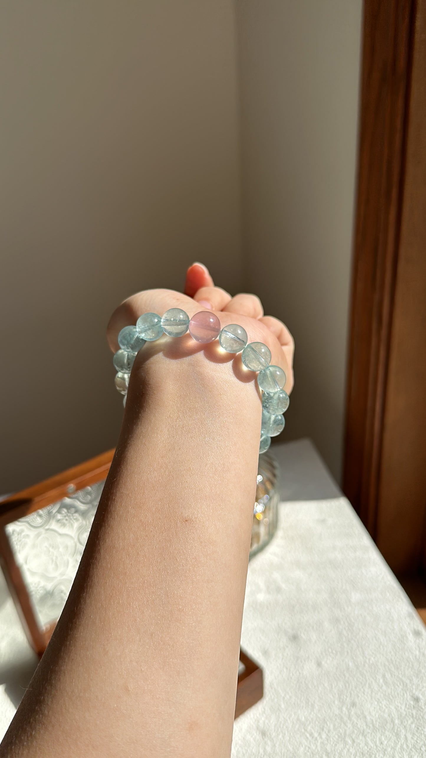 Minty pink aquamarine bead bracelet