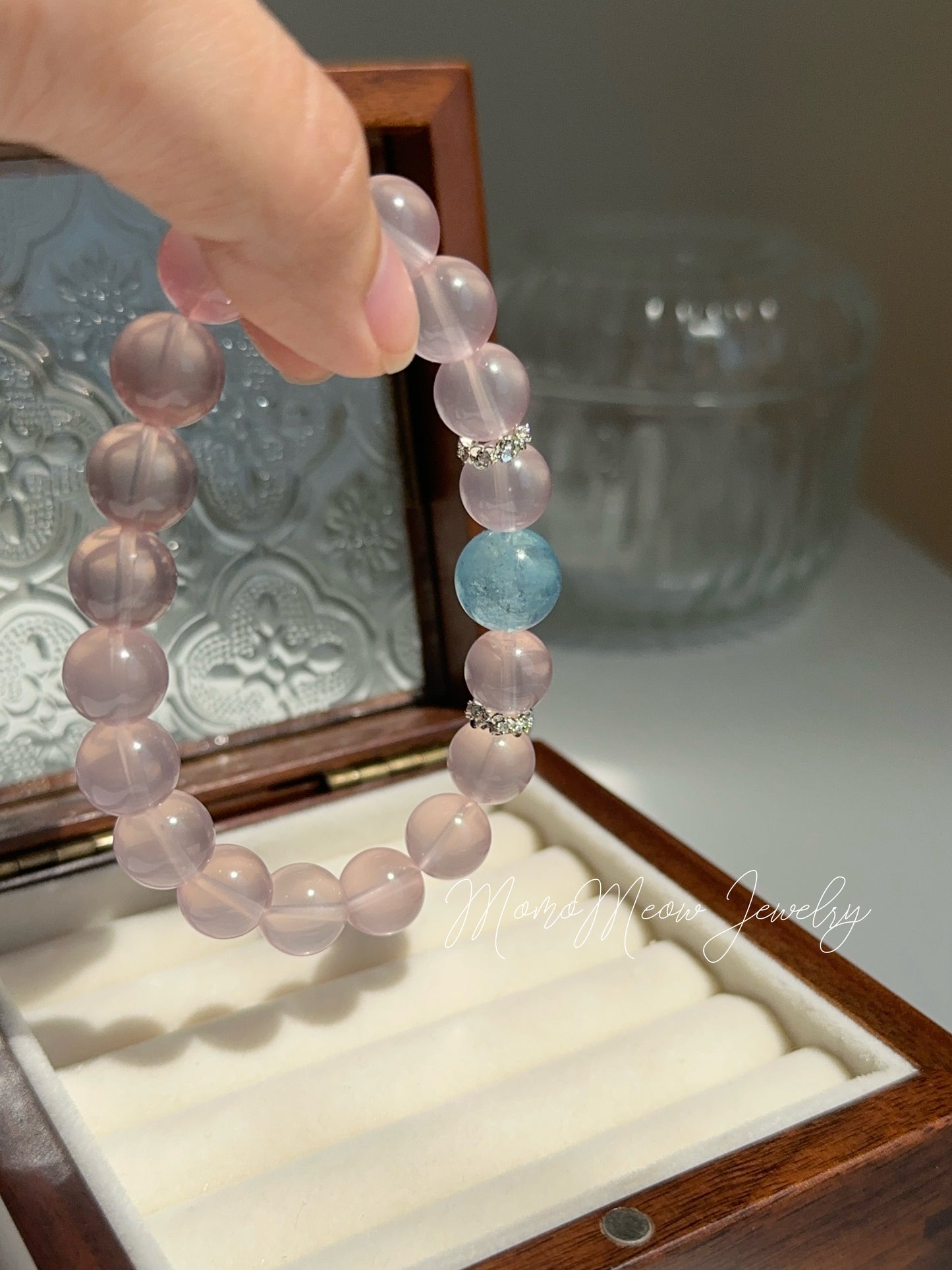 Pink bubbles bracelet - pink quartz and aquamarine crystal bracelet