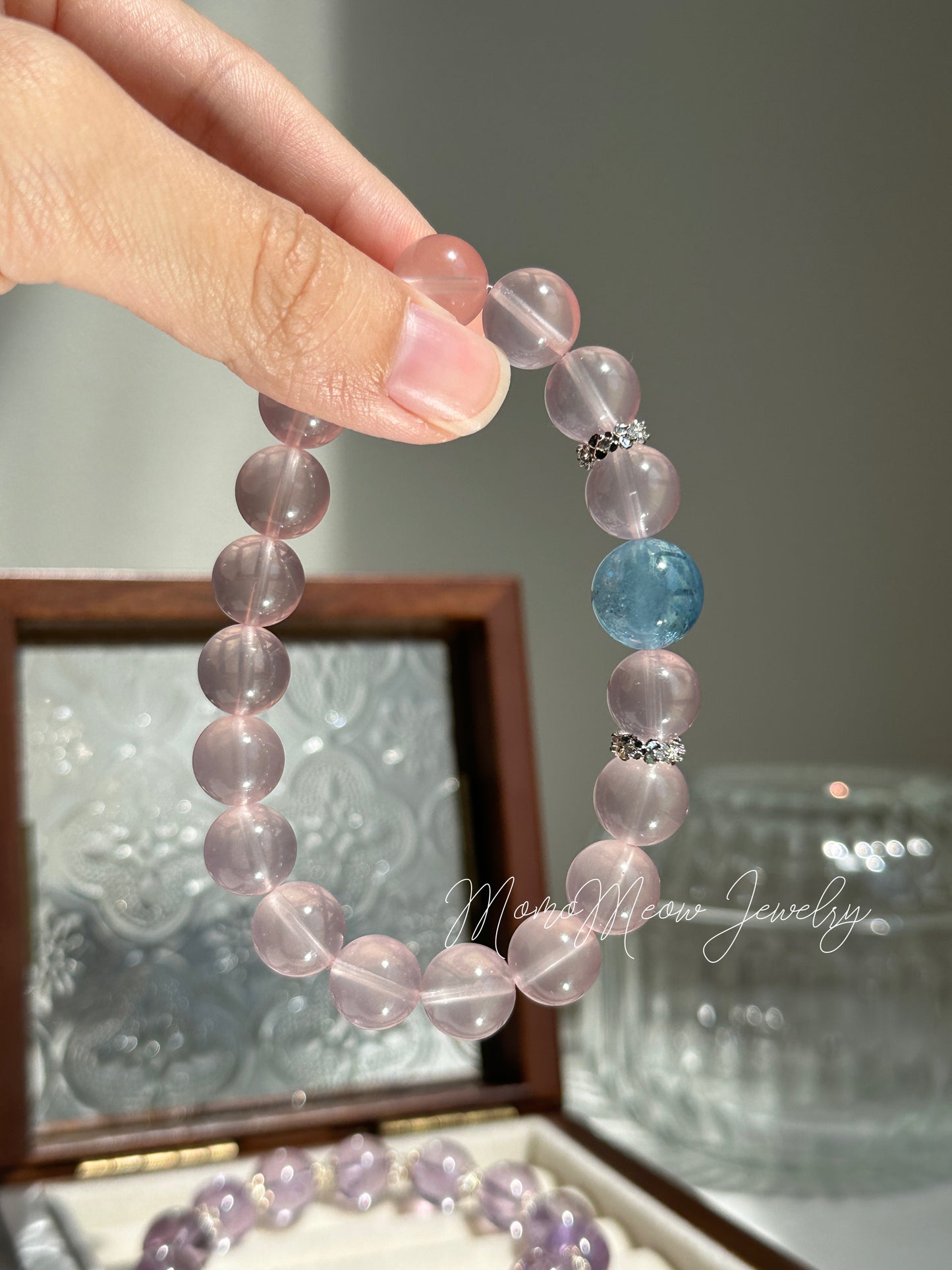 Pink bubbles bracelet - pink quartz and aquamarine crystal bracelet