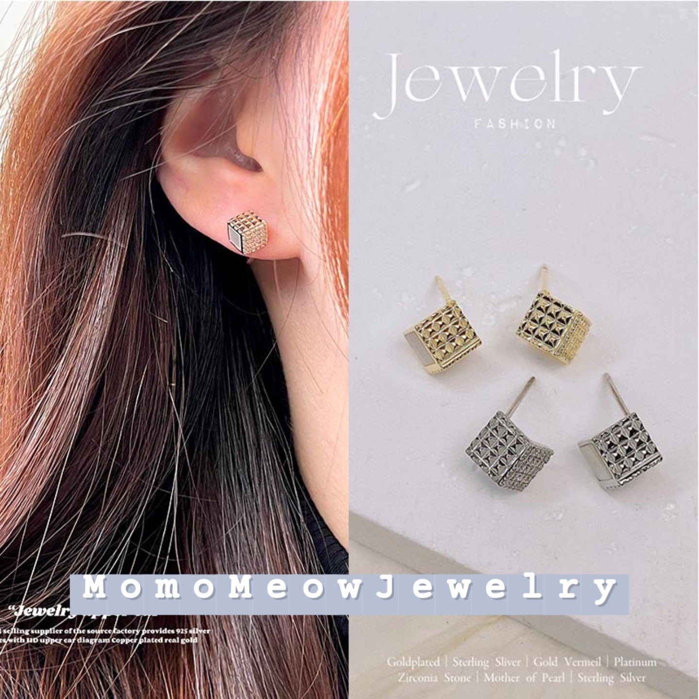 Cube earrings stud - mother of pearl